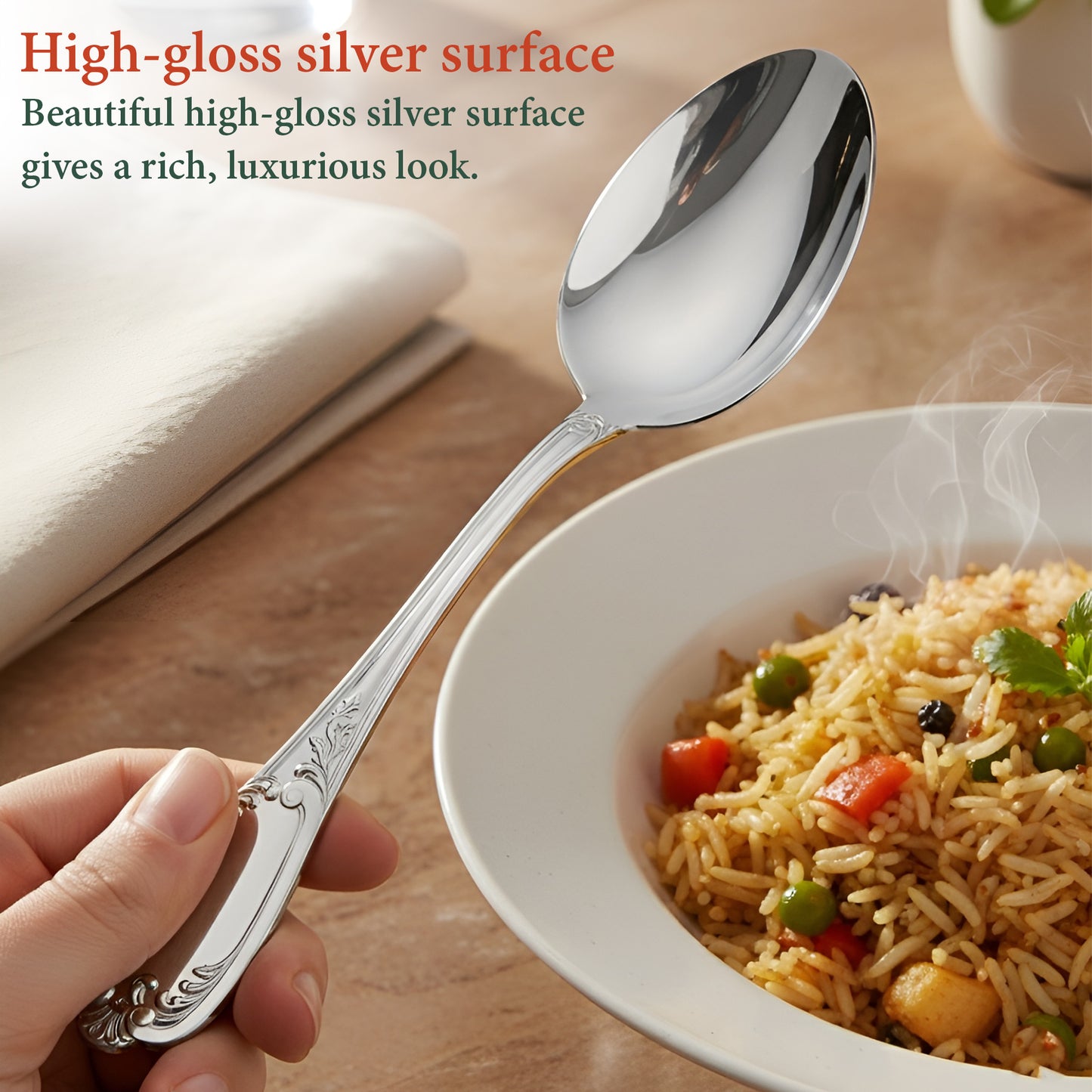 12 Pcs Stainless Steel Dinner Spoon Set | 15.5 cm Moti Table Spoons Silver
