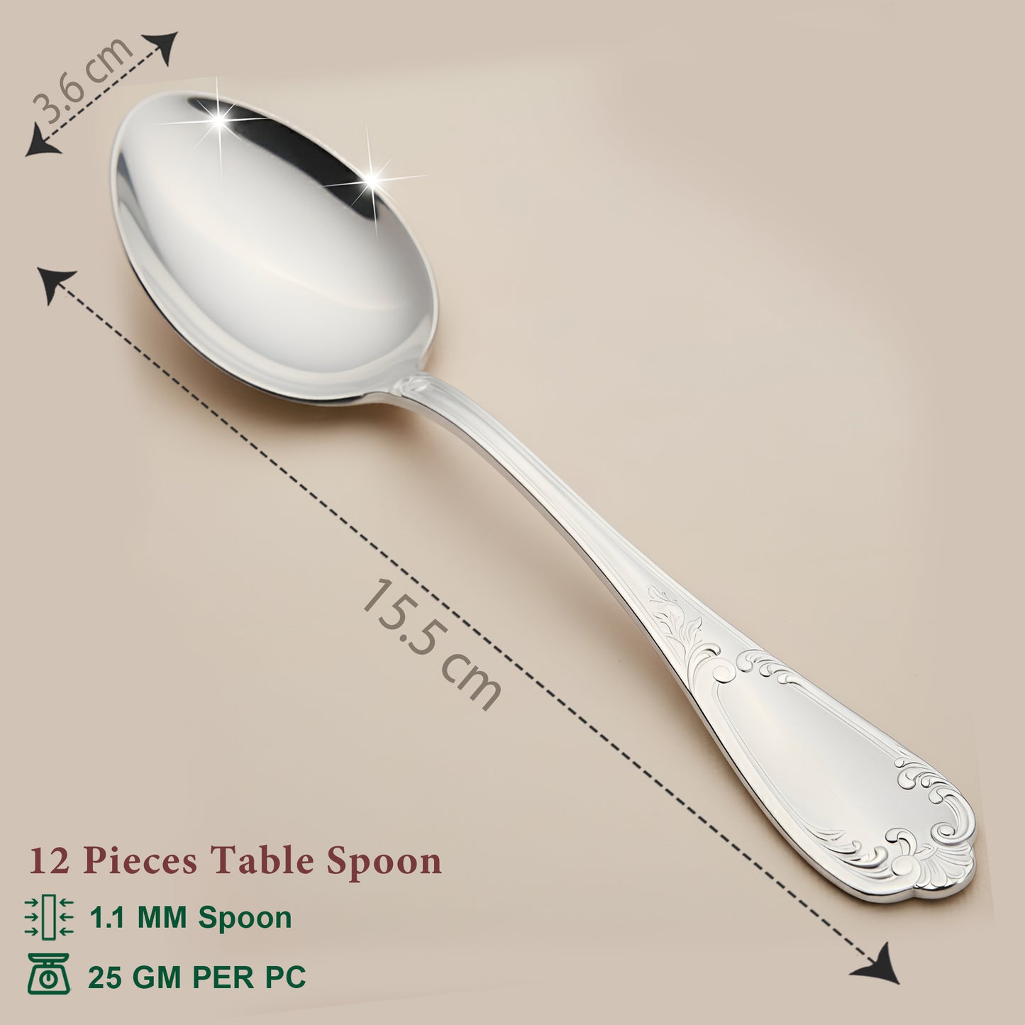 12 Pcs Stainless Steel Dinner Spoon Set | 15.5 cm Moti Table Spoons Silver