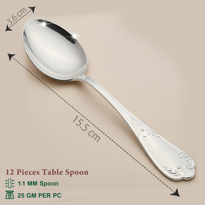 12 Pcs Stainless Steel Dinner Spoon Set | 15.5 cm Moti Table Spoons Silver