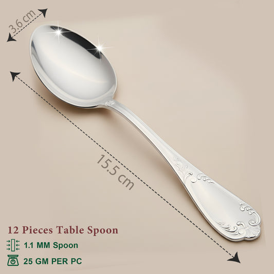 12 Pcs Stainless Steel Dinner Spoon Set | 15.5 cm Moti Table Spoons Silver