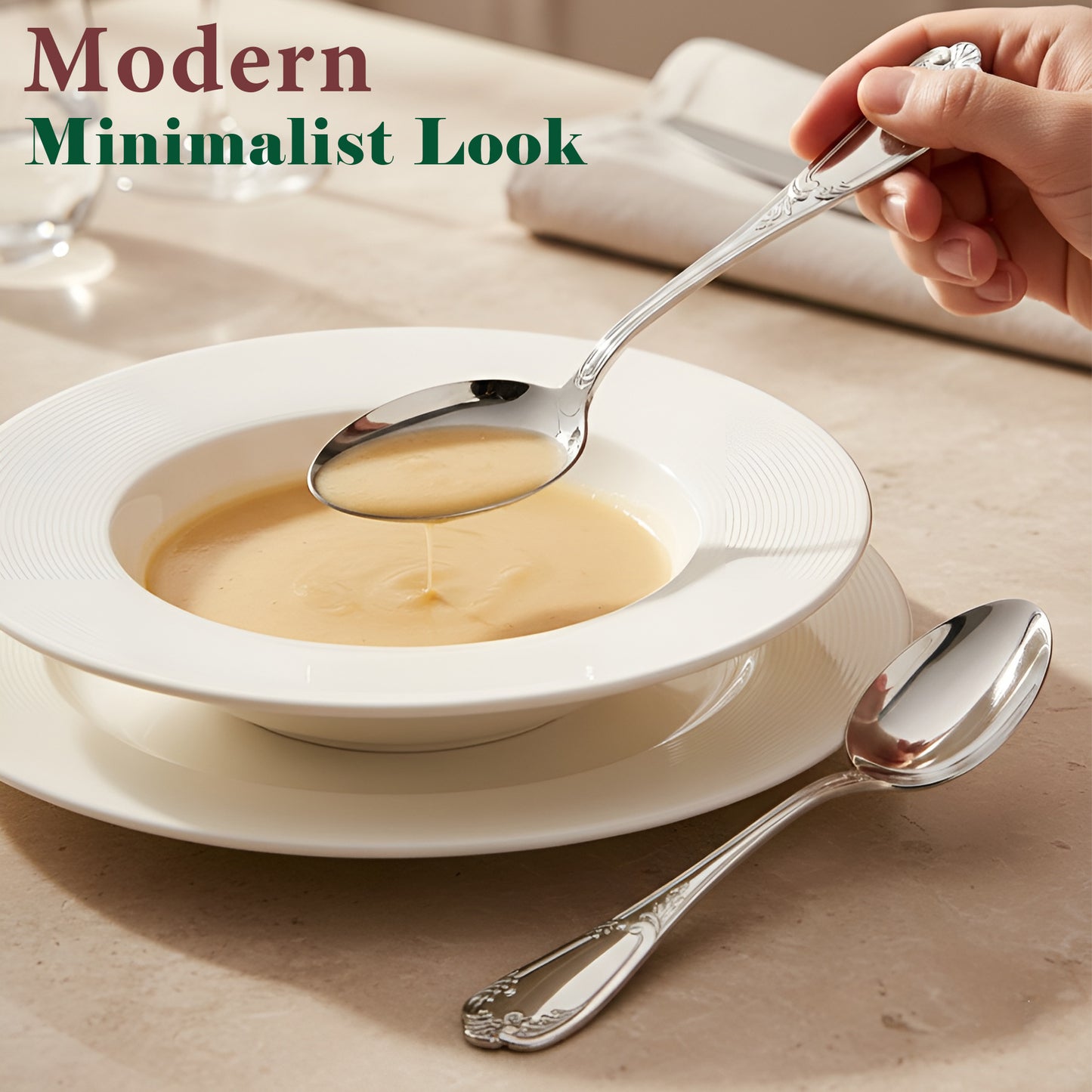 12 Pcs Stainless Steel Dinner Spoon Set | 15.5 cm Moti Table Spoons Silver