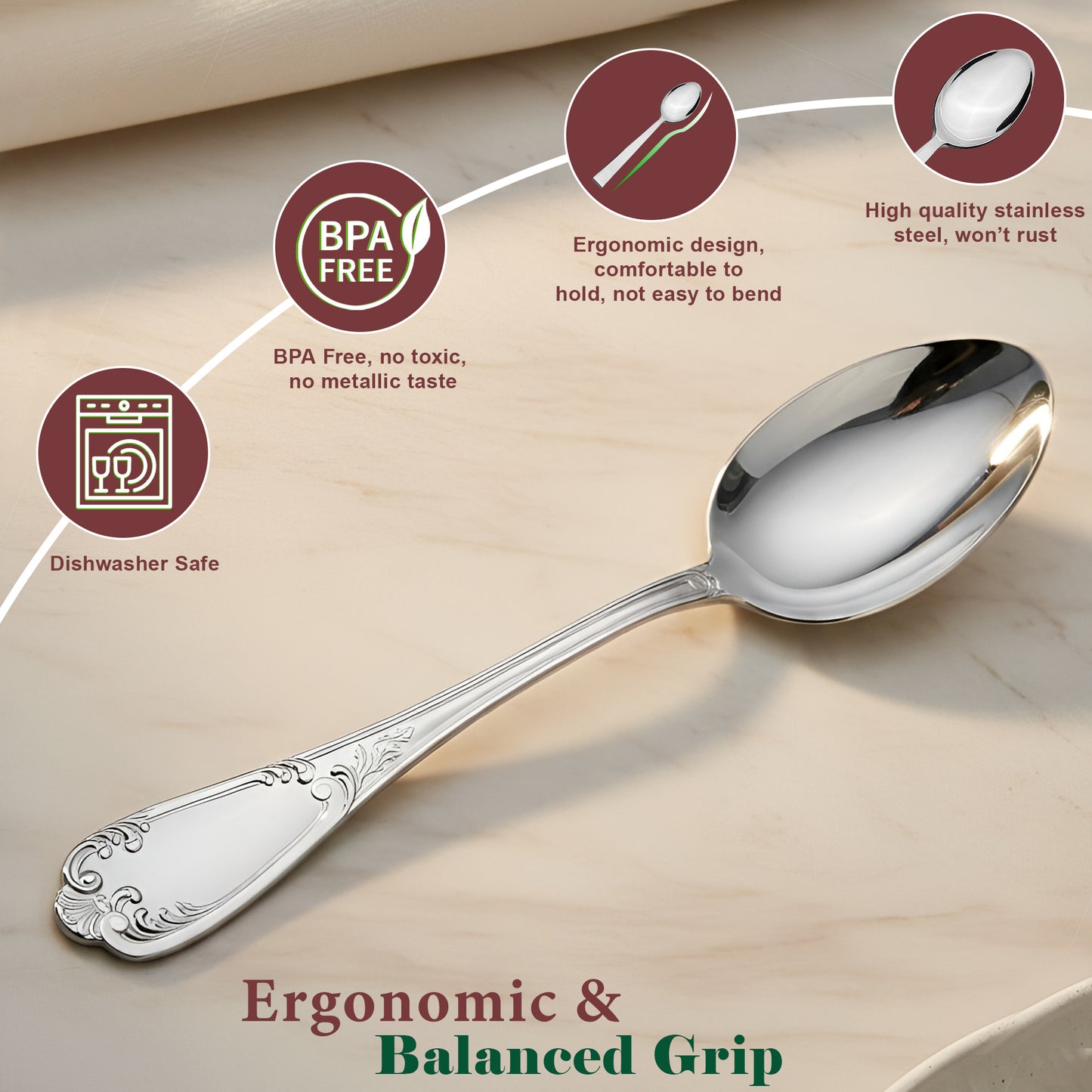 12 Pcs Stainless Steel Dinner Spoon Set | 15.5 cm Moti Table Spoons Silver