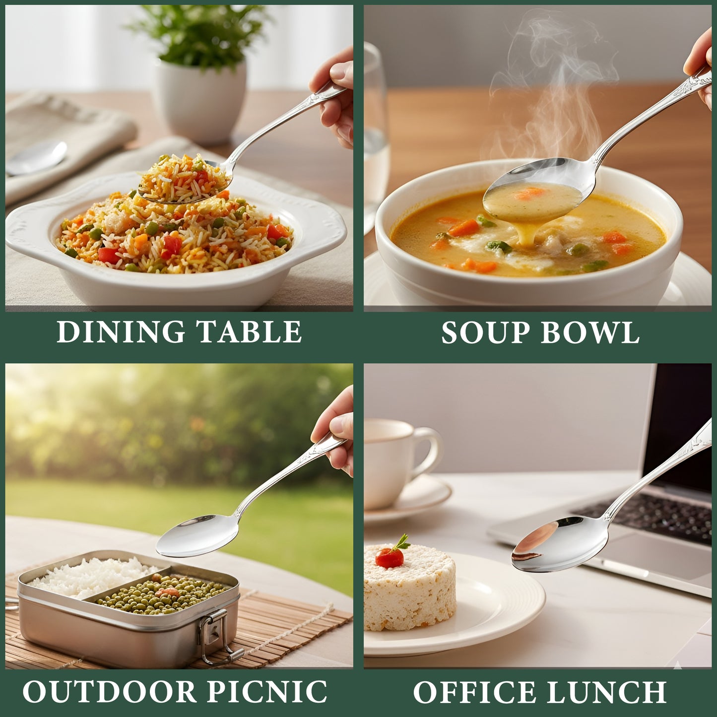 12 Pcs Stainless Steel Dinner Spoon Set | 15.5 cm Moti Table Spoons Silver