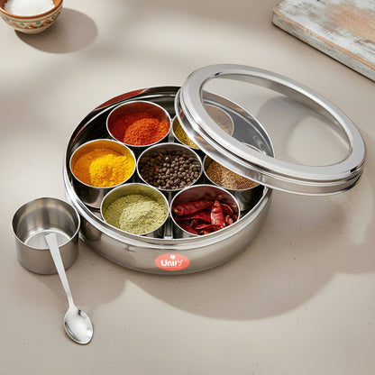 12 Inch Stainless Steel Masala Dabba | 1500ml Airtight Spice Box with 7 Containers & Lid, Silver