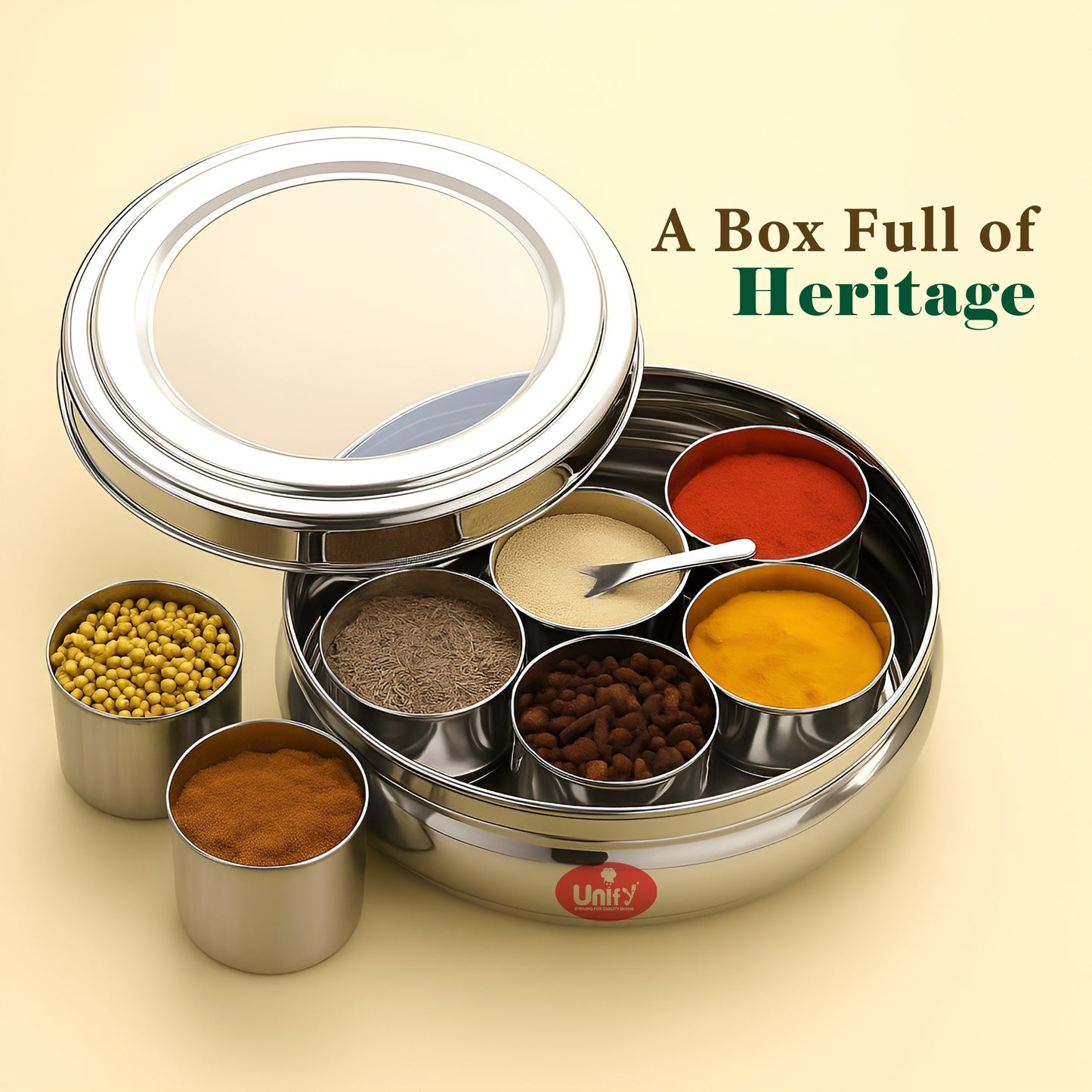 12 Inch Stainless Steel Masala Dabba | 1500ml Airtight Spice Box with 7 Containers & Lid, Silver
