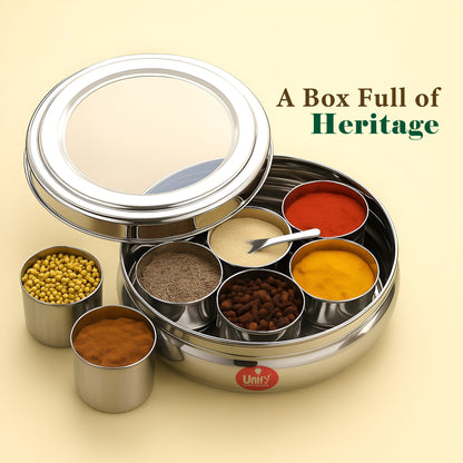 12 Inch Stainless Steel Masala Dabba | 1500ml Airtight Spice Box with 7 Containers & Lid, Silver