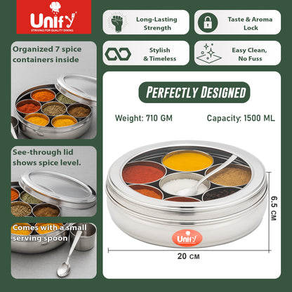 12 Inch Stainless Steel Masala Dabba | 1500ml Airtight Spice Box with 7 Containers & Lid, Silver