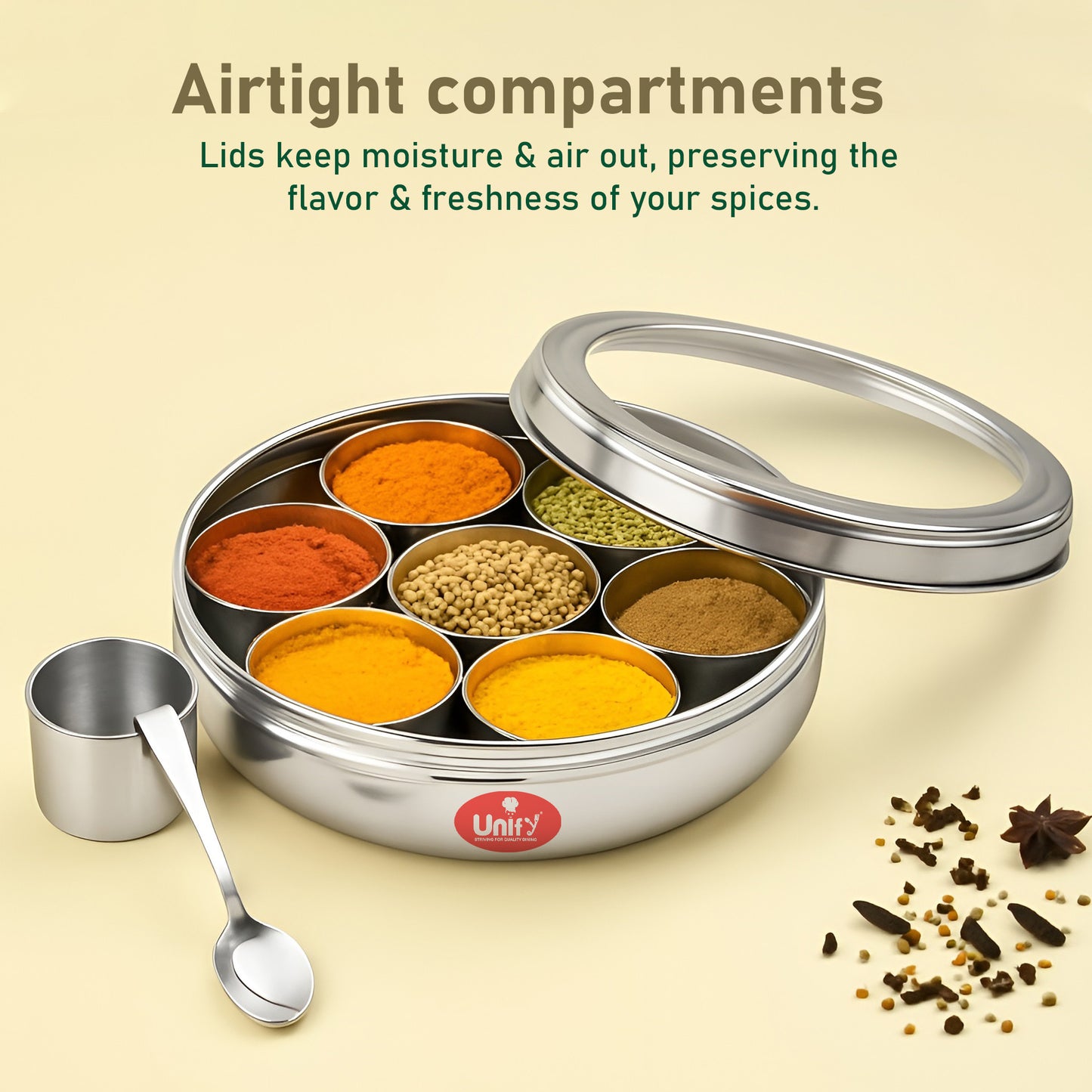 Stainless Steel Masala Box | Airtight Spice Dabba with 7 Containers & Lid (1200 ml, Silver)