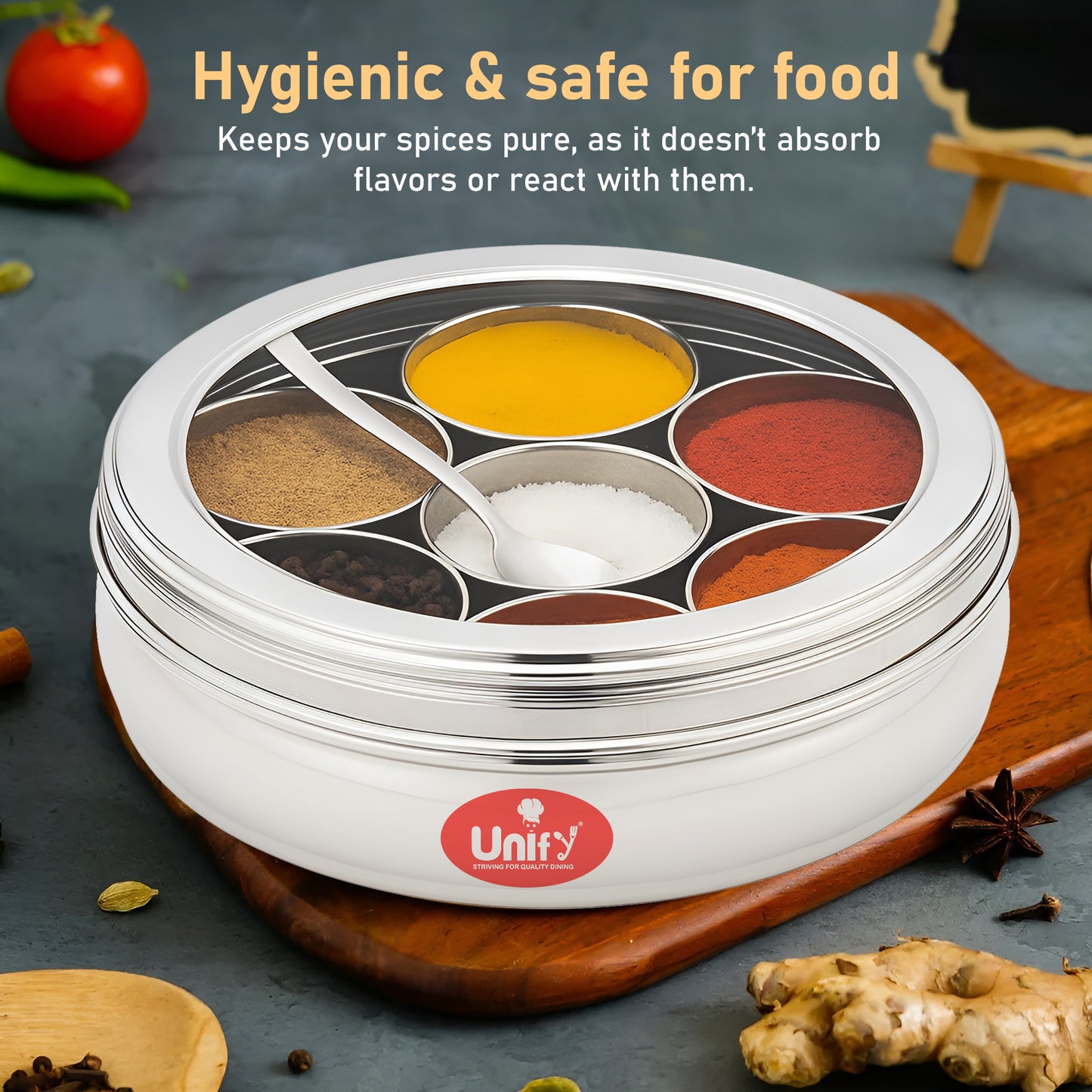 Stainless Steel Masala Box | Airtight Spice Dabba with 7 Containers & Lid (1200 ml, Silver)