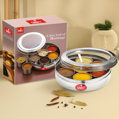 Stainless Steel Masala Box | Airtight Spice Dabba with 7 Containers & Lid (1200 ml, Silver)