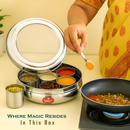 Stainless Steel Masala Box | Airtight Spice Dabba with 7 Containers & Lid (1200 ml, Silver)