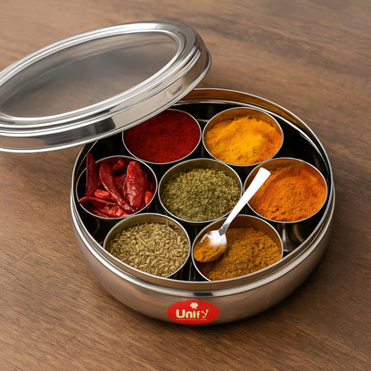 Stainless Steel Masala Box | Airtight Spice Dabba with 7 Containers & Lid (1200 ml, Silver)