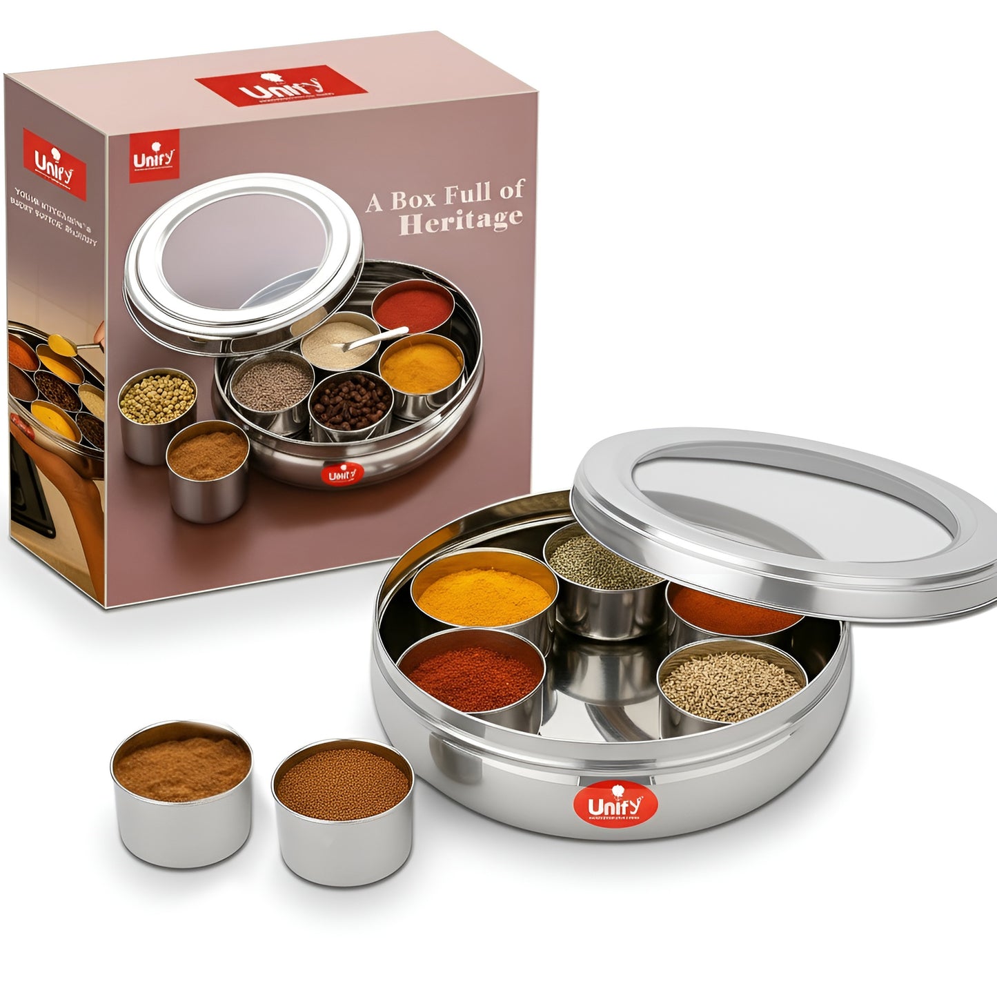 Stainless Steel Masala Box | Airtight Spice Dabba with 7 Containers & Lid (1200 ml, Silver)