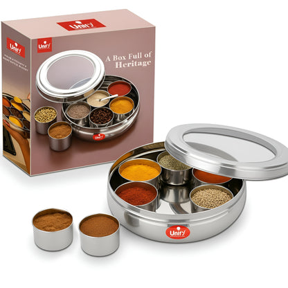Stainless Steel Masala Box | Airtight Spice Dabba with 7 Containers & Lid (1200 ml, Silver)