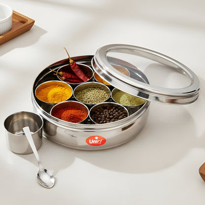 12 Inch Stainless Steel Masala Dabba | 1500ml Airtight Spice Box with 7 Containers & Lid, Silver