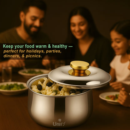 Metra Stainless Steel Insulated Casserole 1600ml | PVD Gold Handle Hot Pot | Keeps Food Fresh & Warm