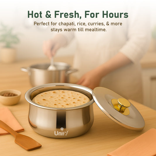 Metra Stainless Steel Insulated Casserole 1600ml | PVD Gold Handle Hot Pot | Keeps Food Fresh & Warm
