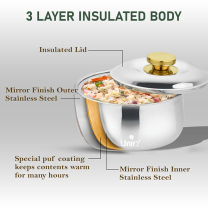 Metra Stainless Steel Insulated Casserole 2200ml | PVD Gold Handle Hot Pot | Keeps Food Hot & Fresh