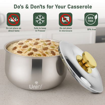 Metra Stainless Steel Insulated Casserole 3000ml | PVD Gold Handle Hot Pot | Keeps Food Hot & Fresh