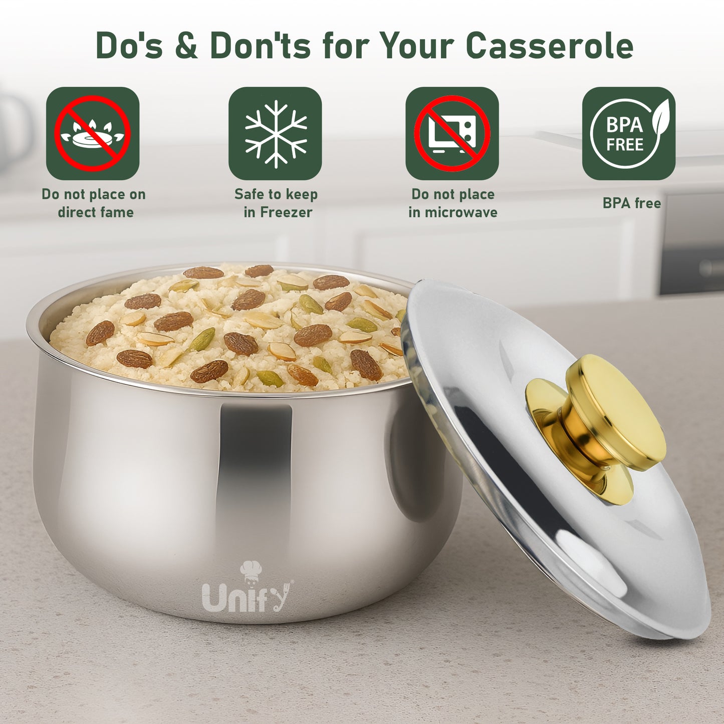 Metra Stainless Steel Insulated Casserole 2200ml | PVD Gold Handle Hot Pot | Keeps Food Hot & Fresh