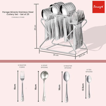 25 Pcs Stainless Steel Cutlery Set with Stand | Mirror Finish Dining Table Set