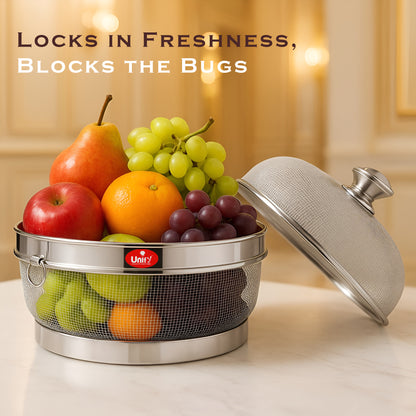 10-Inch Stainless Steel Mesh Fruit Basket with Lid - Fly & Mosquito Proof, Silver