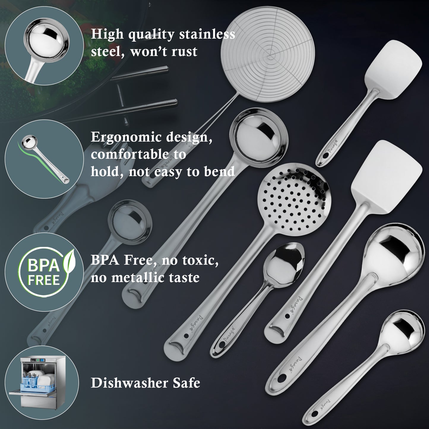 10-Piece Stainless Steel Cooking Spoons Set | Ladle, Turner, Strainer, Rice & Serving Spoons