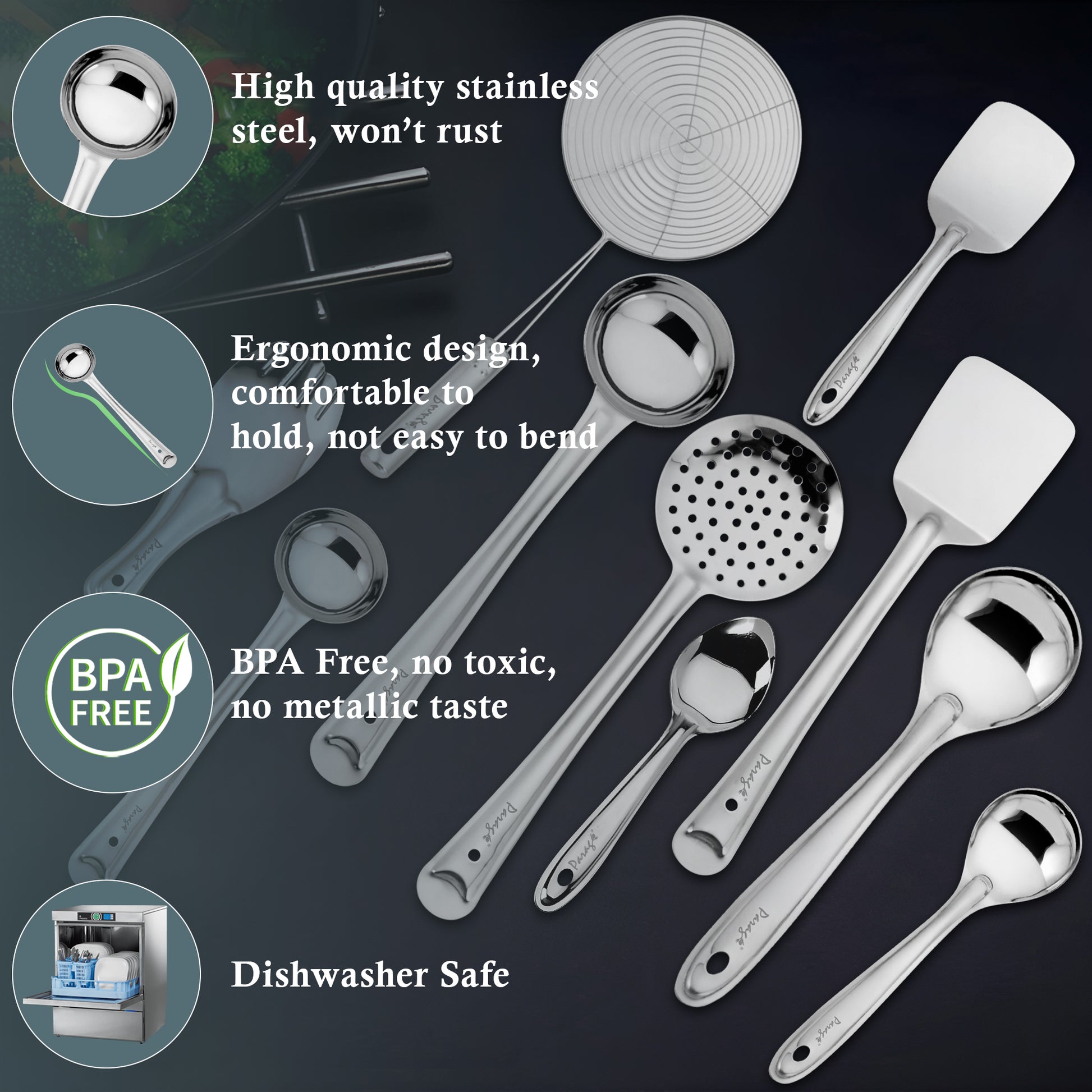 10-Piece Stainless Steel Cooking Spoons Set | Ladle, Turner, Strainer, Rice & Serving Spoons