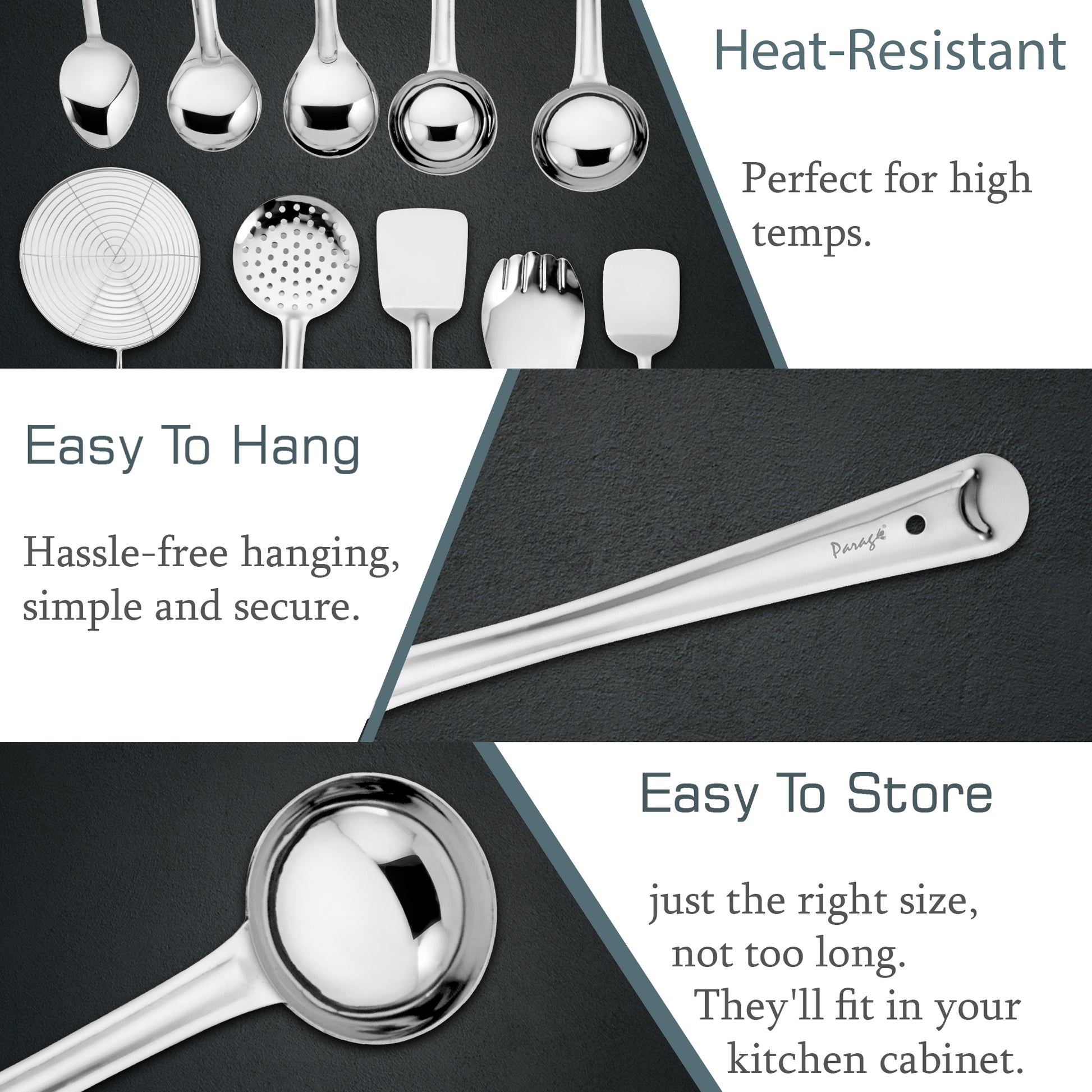 10-Piece Stainless Steel Cooking Spoons Set | Ladle, Turner, Strainer, Rice & Serving Spoons