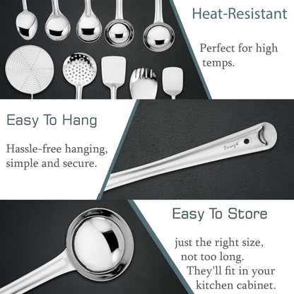 10-Piece Stainless Steel Cooking Spoons Set | Ladle, Turner, Strainer, Rice & Serving Spoons