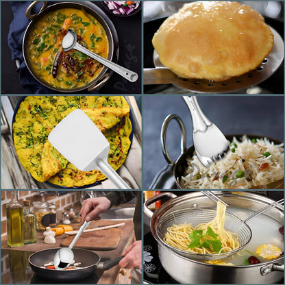 10-Piece Stainless Steel Cooking Spoons Set | Ladle, Turner, Strainer, Rice & Serving Spoons