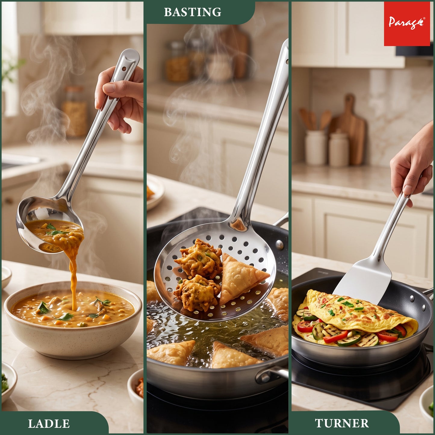 Kitchen Cooking Tool Set | 34.5 cm, 3 piece | Stainless Steel | Silver