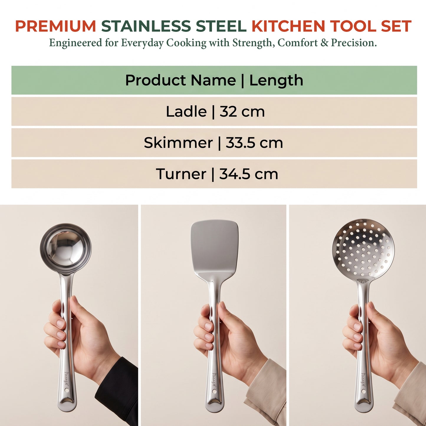 Kitchen Cooking Tool Set | 34.5 cm, 3 piece | Stainless Steel | Silver