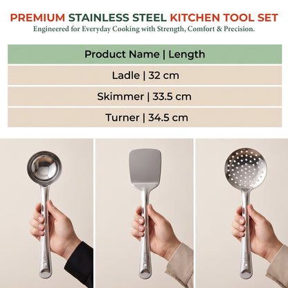 Kitchen Cooking Tool Set | 34.5 cm, 3 piece | Stainless Steel | Silver