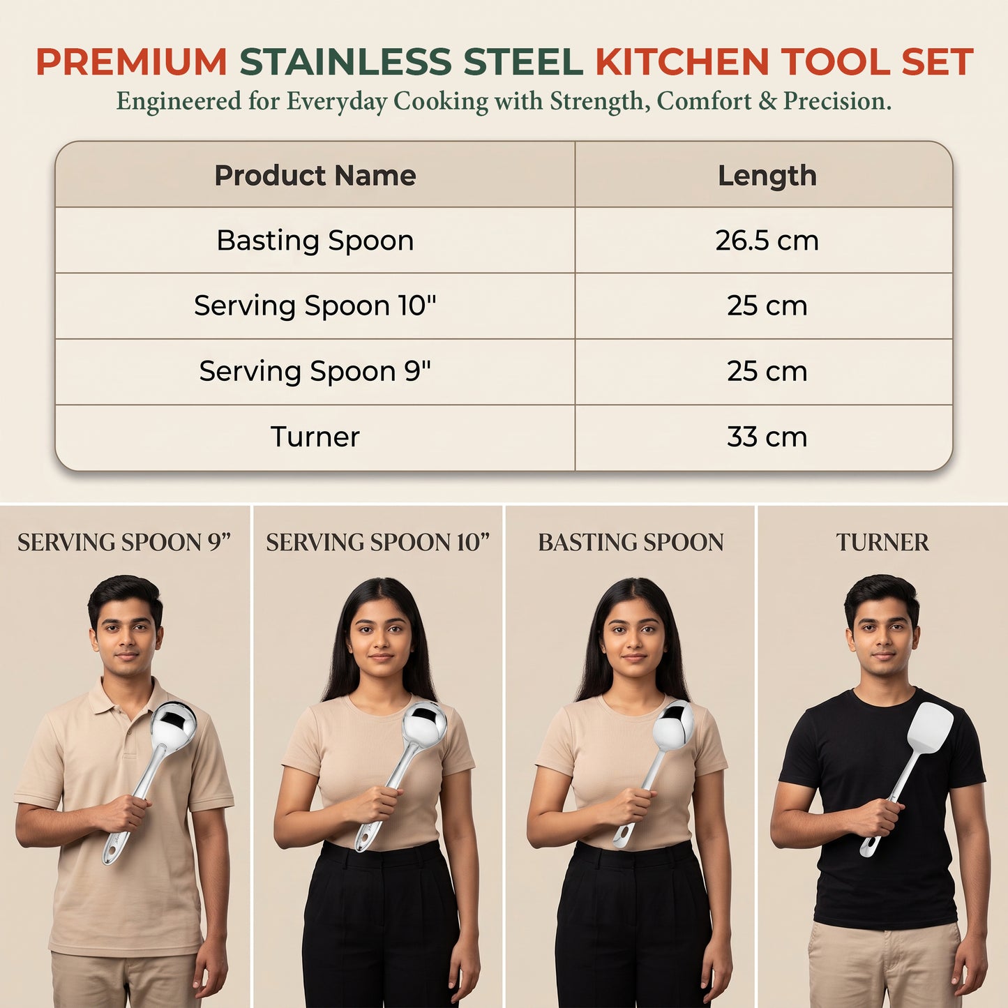 Serving Spoon Set | 26.5cm, 4pc | Stainless Steel | Silver | Basting Spoon