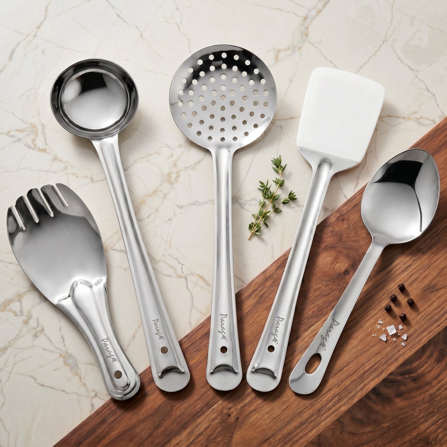 Serving Spoon Set | 5 piece | Stainless Steel | Silver | Basting Spoon