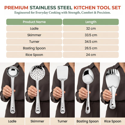 Serving Spoon Set | 5 piece | Stainless Steel | Silver | Basting Spoon