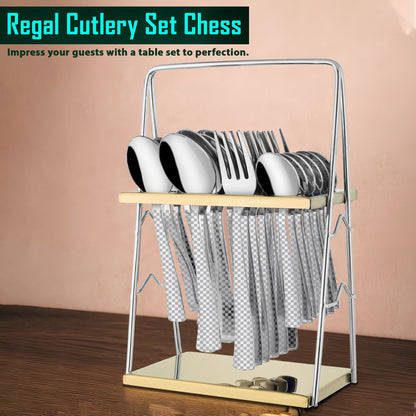 25-Piece Chess Design Premium Stainless Steel Cutlery Set with Stand – Forks, Spoons & Tea Spoons for Elegant Dining Table