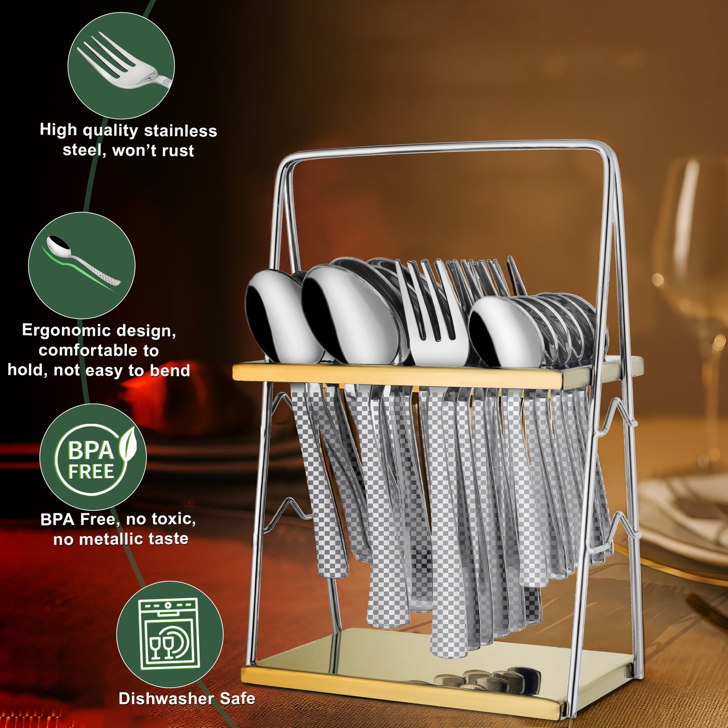 25-Piece Chess Design Premium Stainless Steel Cutlery Set with Stand – Forks, Spoons & Tea Spoons for Elegant Dining Table