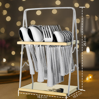 25-Piece Chess Design Premium Stainless Steel Cutlery Set with Stand – Forks, Spoons & Tea Spoons for Elegant Dining Table