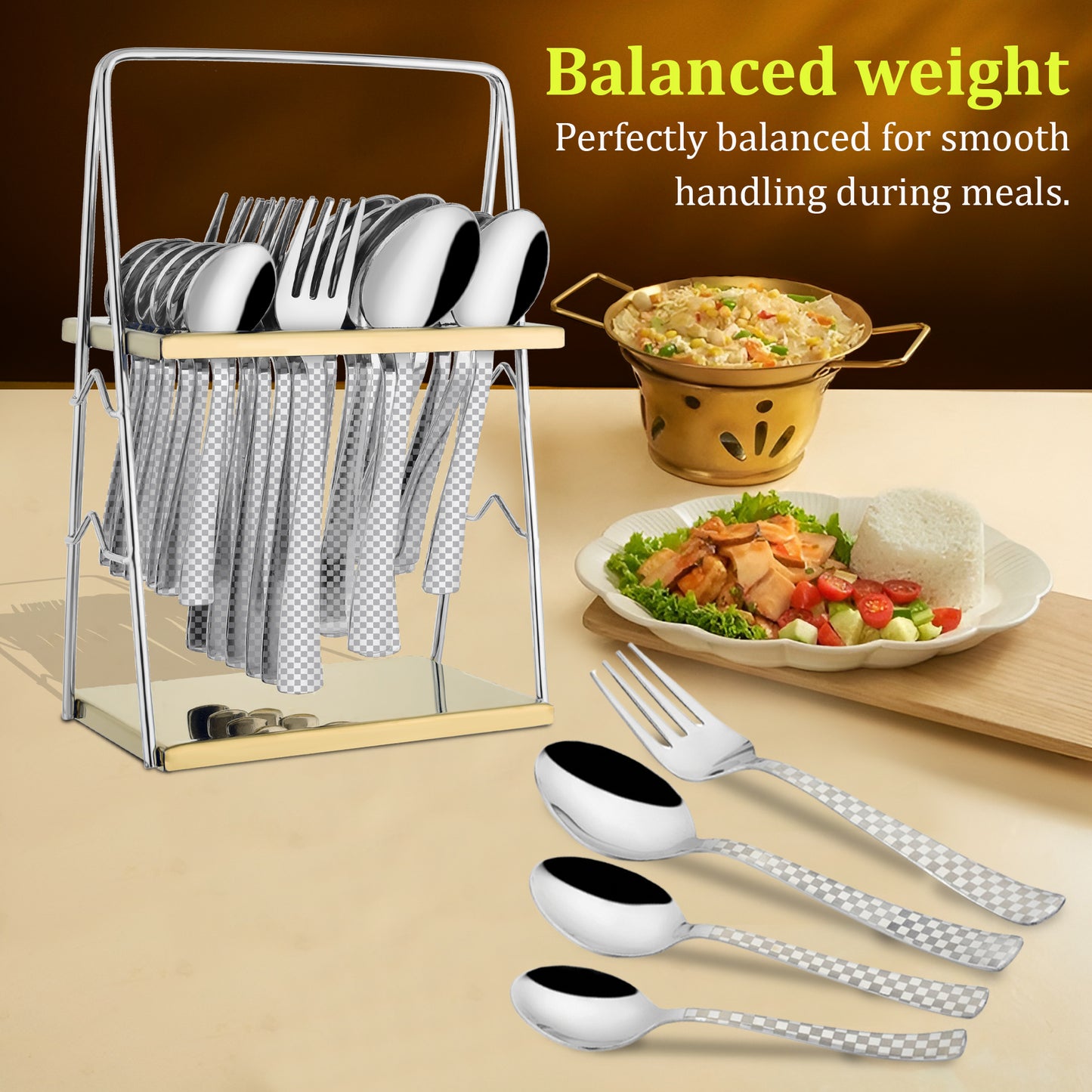 25-Piece Chess Design Premium Stainless Steel Cutlery Set with Stand – Forks, Spoons & Tea Spoons for Elegant Dining Table