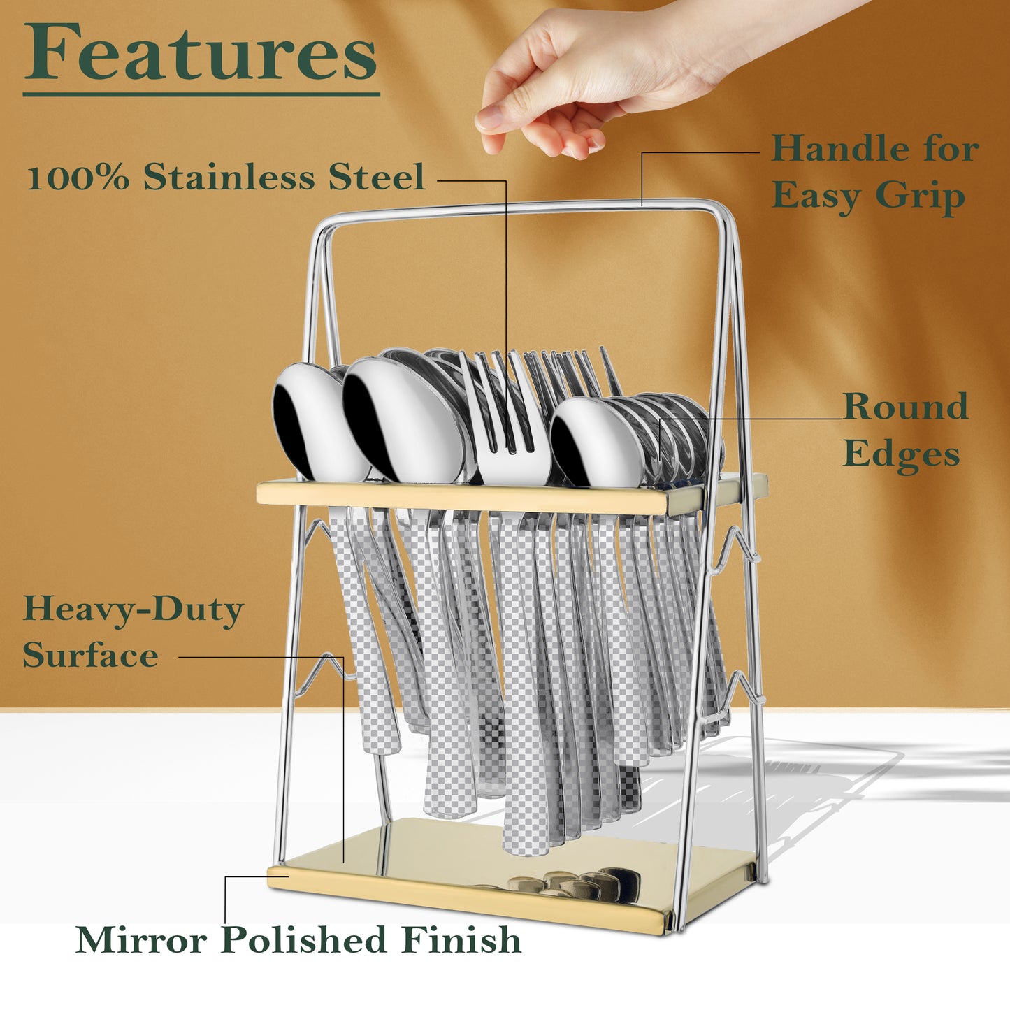 25-Piece Chess Design Premium Stainless Steel Cutlery Set with Stand – Forks, Spoons & Tea Spoons for Elegant Dining Table