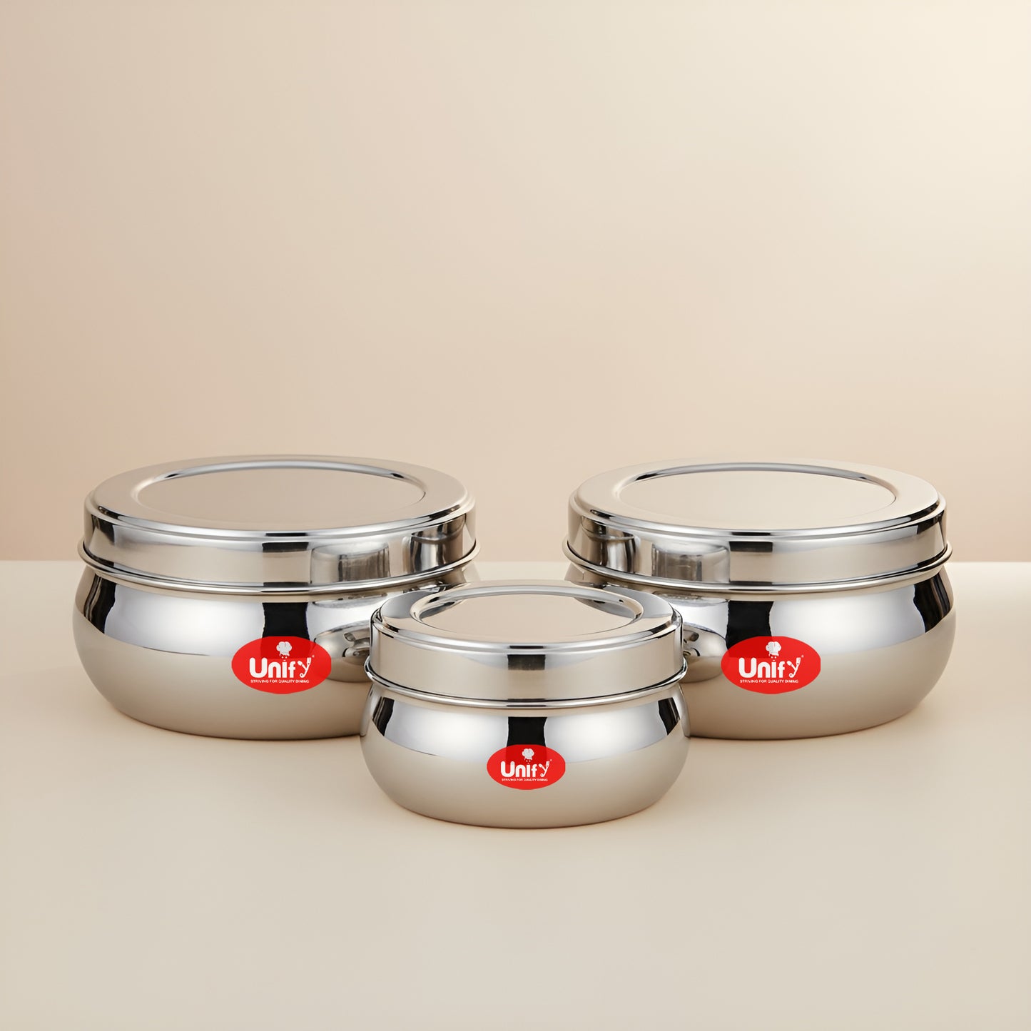 Stainless Steel Belly Dabba Set of 3 | 880ml, 600ml, 400ml Multipurpose Kitchen Storage Containers | Food-Grade, Rust-Proof Steel Canisters with Tight-Fit Lids for Snacks & Daily Use