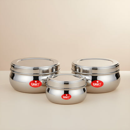 Stainless Steel Belly Dabba Set of 3 | 880ml, 600ml, 400ml Multipurpose Kitchen Storage Containers | Food-Grade, Rust-Proof Steel Canisters with Tight-Fit Lids for Snacks & Daily Use
