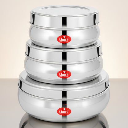 Stainless Steel Belly Dabba Set of 3 | 880ml, 600ml, 400ml Multipurpose Kitchen Storage Containers | Food-Grade, Rust-Proof Steel Canisters with Tight-Fit Lids for Snacks & Daily Use