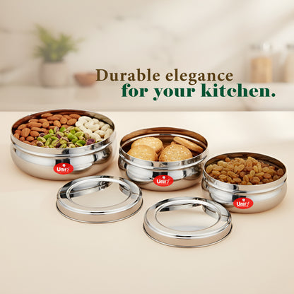 Stainless Steel Belly Dabba Set of 3 | 880ml, 600ml, 400ml Multipurpose Kitchen Storage Containers | Food-Grade, Rust-Proof Steel Canisters with Tight-Fit Lids for Snacks & Daily Use