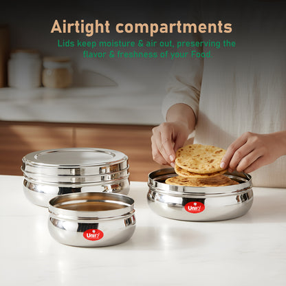 Stainless Steel Belly Dabba Set of 3 | 880ml, 600ml, 400ml Multipurpose Kitchen Storage Containers | Food-Grade, Rust-Proof Steel Canisters with Tight-Fit Lids for Snacks & Daily Use