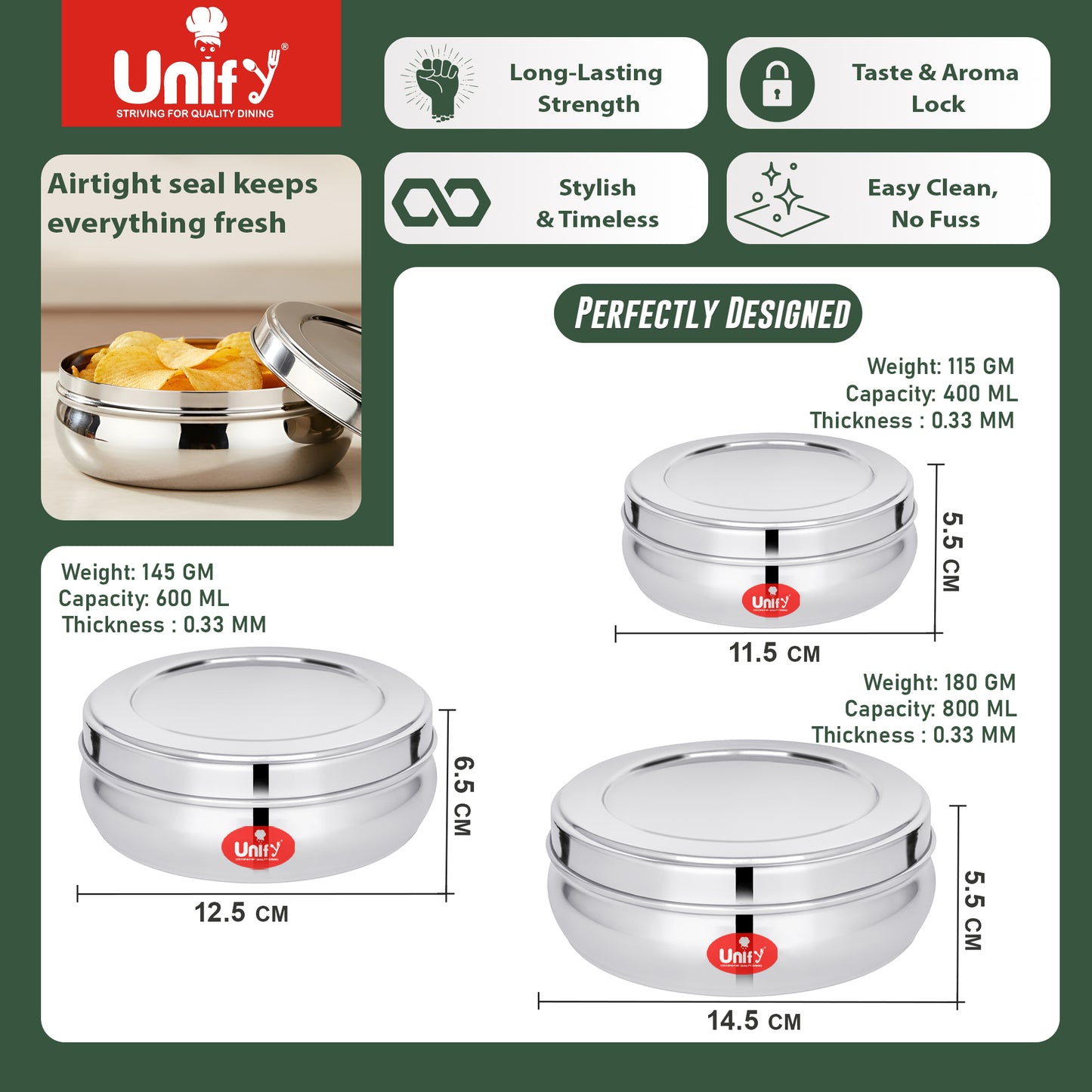 Stainless Steel Belly Dabba Set of 3 | 880ml, 600ml, 400ml Multipurpose Kitchen Storage Containers | Food-Grade, Rust-Proof Steel Canisters with Tight-Fit Lids for Snacks & Daily Use