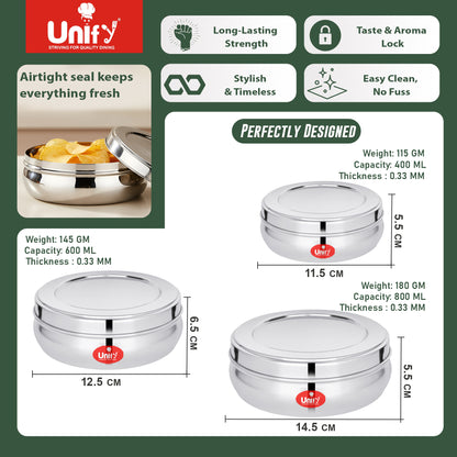 Stainless Steel Belly Dabba Set of 3 | 880ml, 600ml, 400ml Multipurpose Kitchen Storage Containers | Food-Grade, Rust-Proof Steel Canisters with Tight-Fit Lids for Snacks & Daily Use