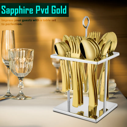 25-Piece PVD Gold Luxury Stainless Steel Cutlery Set | Stand Included - Spoons & Forks for Home, Dining & Gifting, Sapphire Golden